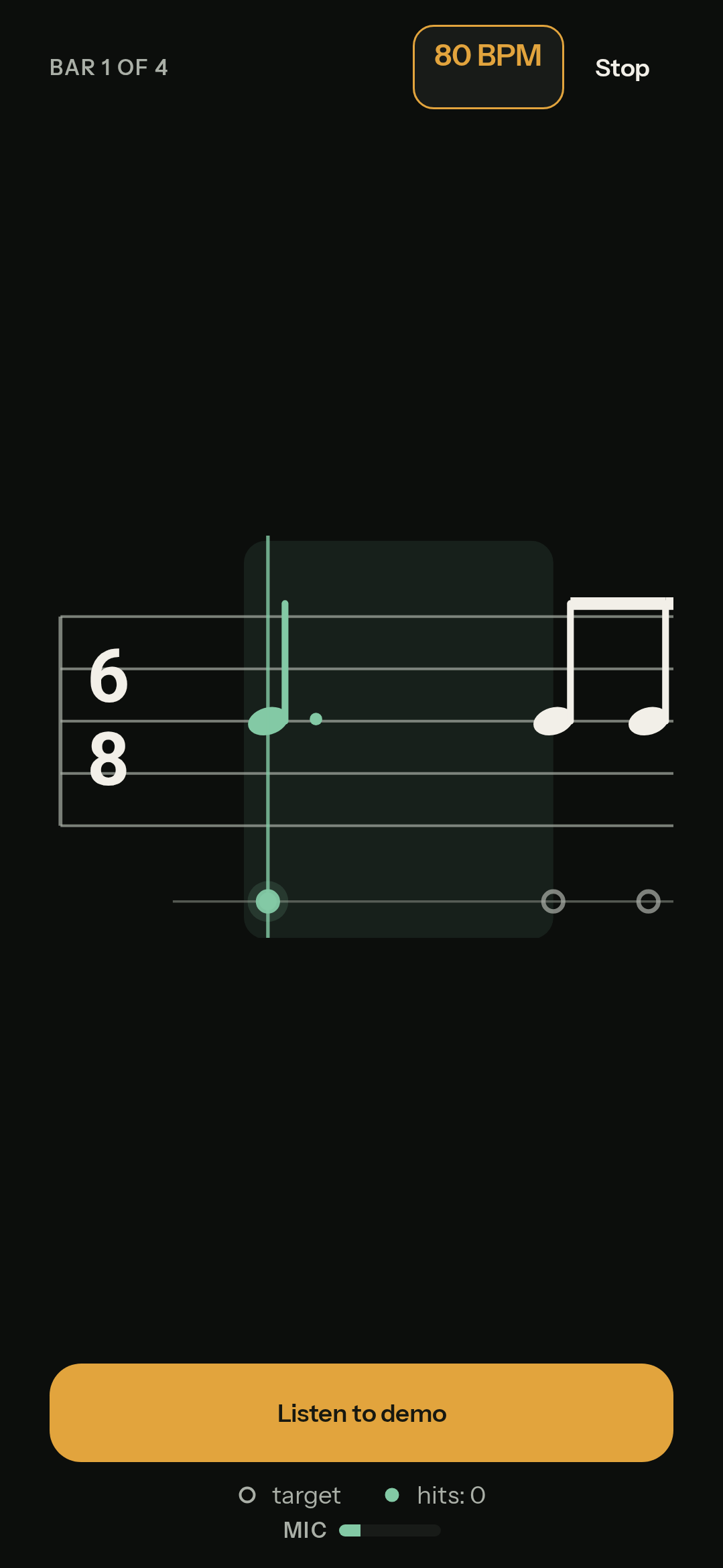 Real DrumPeak exercise screen with staff notation, bar position, tempo, and a detected hit